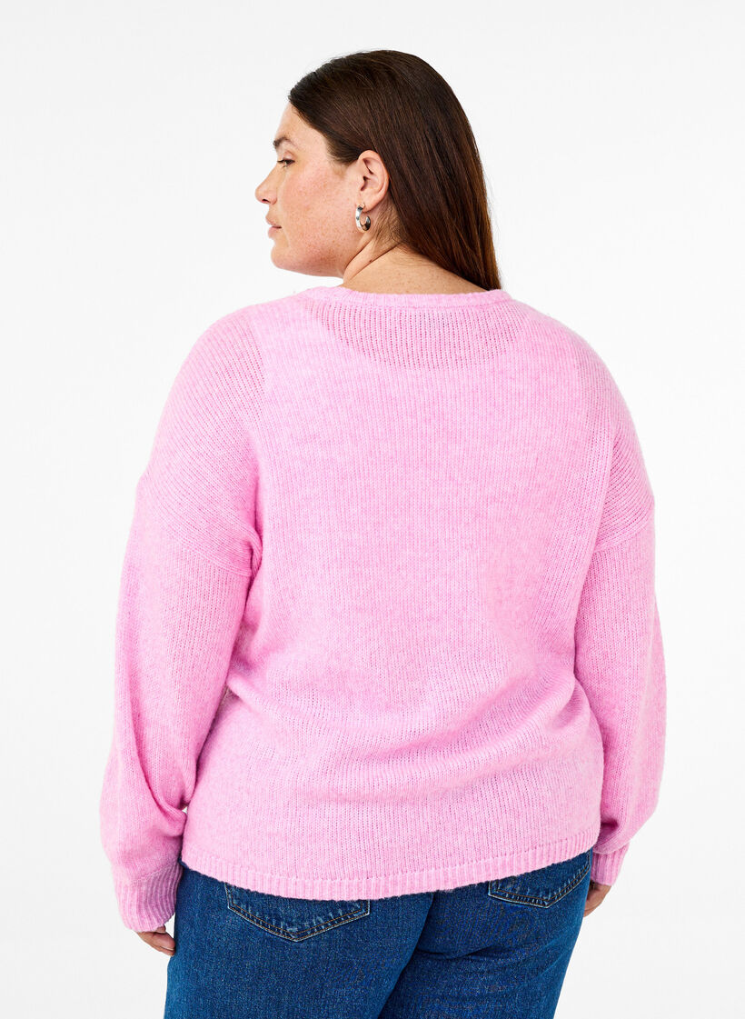 Dzianinowy sweter z dodatkiem welny, z dlugim rekawem i okraglym dekoltem, Begonia Pink Mel., Model image number 1