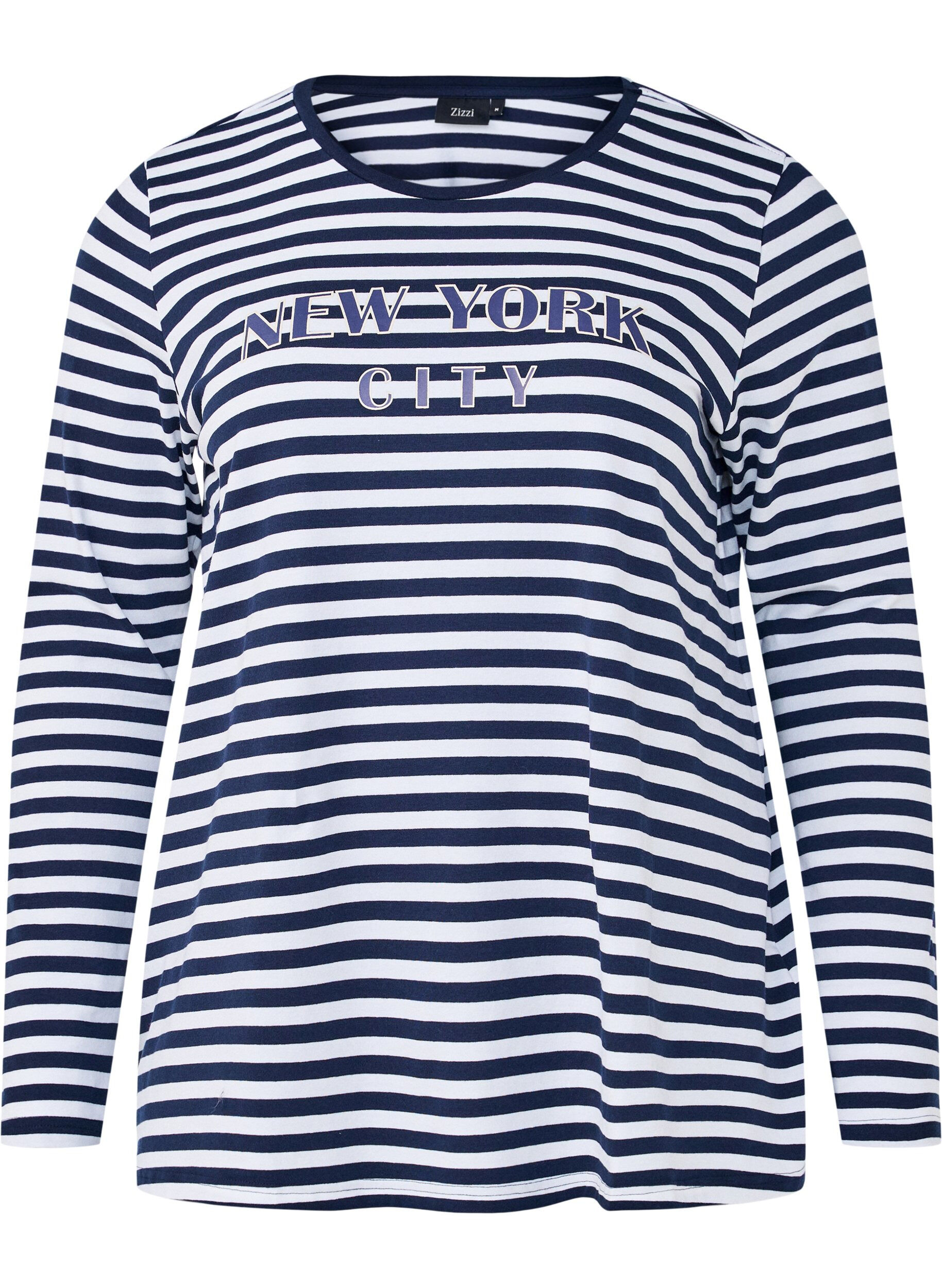 Zizzi Bluzka w paski z motywem, White w.Navy Stripe, Packshot image number 0