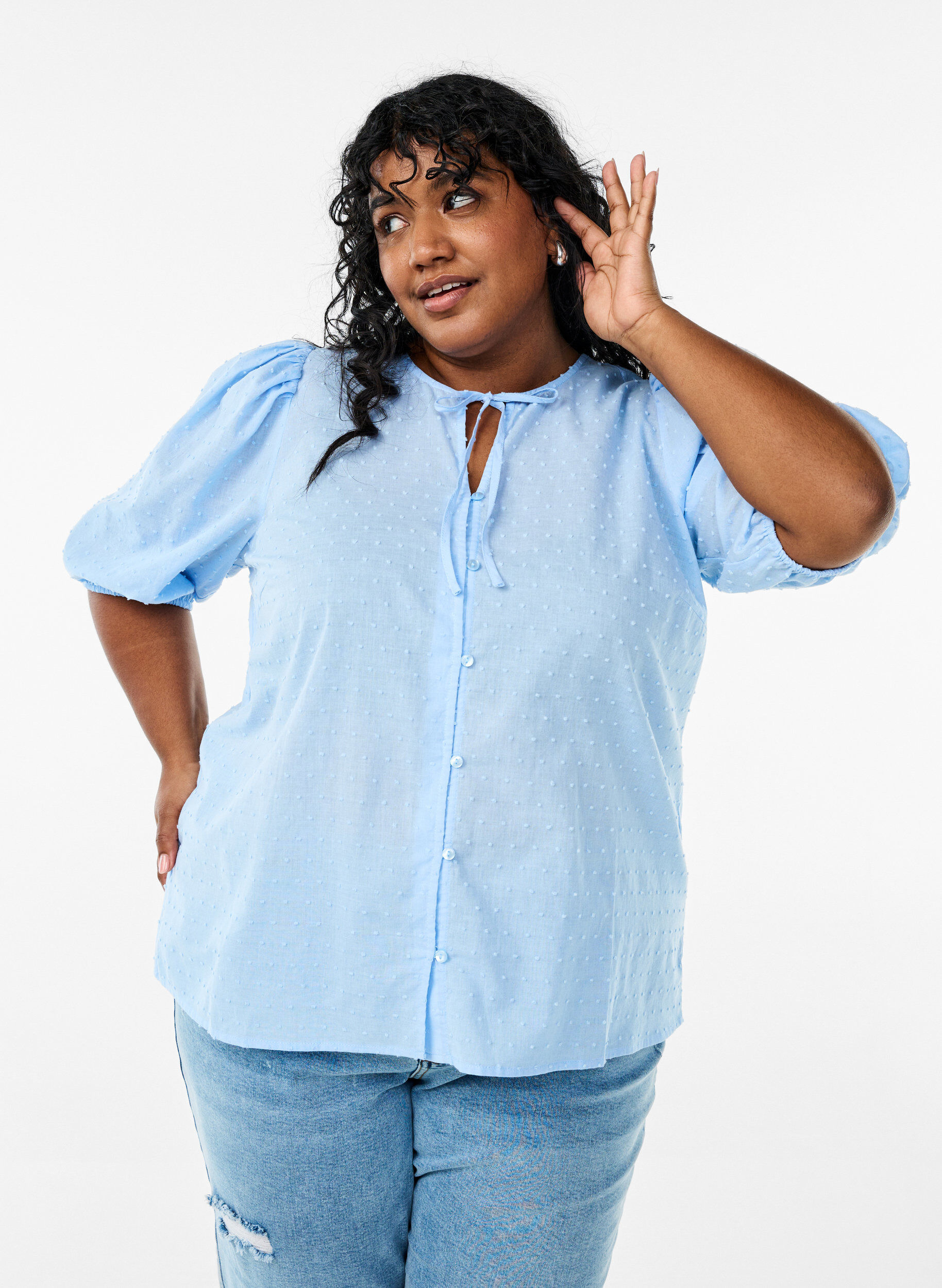 Zizzi Bluzka koszulowa z wiazanym sznurkiem i tekstura w kropki, Niebieskie, Model image number 3