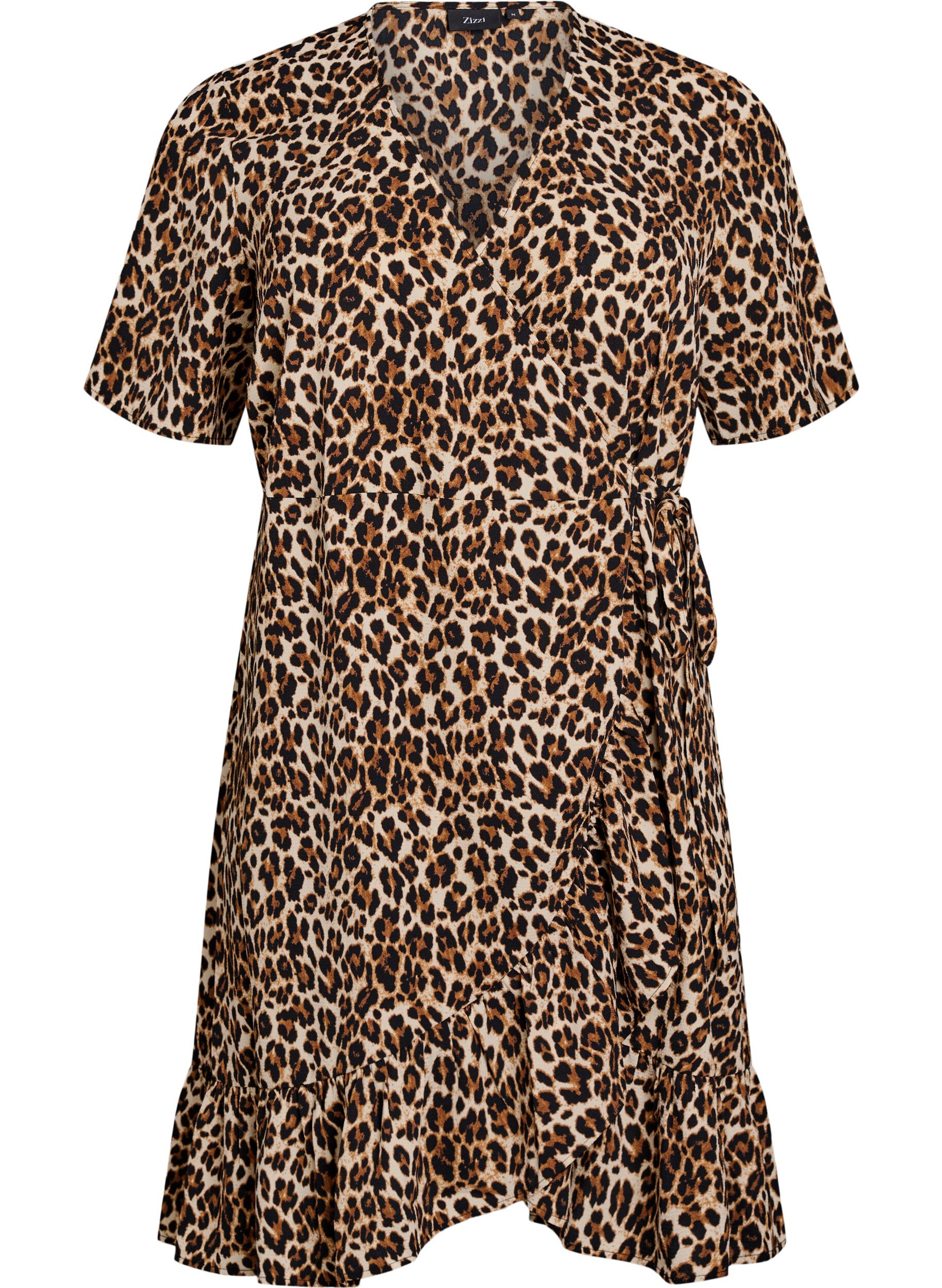 Zizzi Kopertowa sukienka z wzorem kwiat&oacute;w i kr&oacute;tkimi rekawami, Brązowy, Packshot image number 0