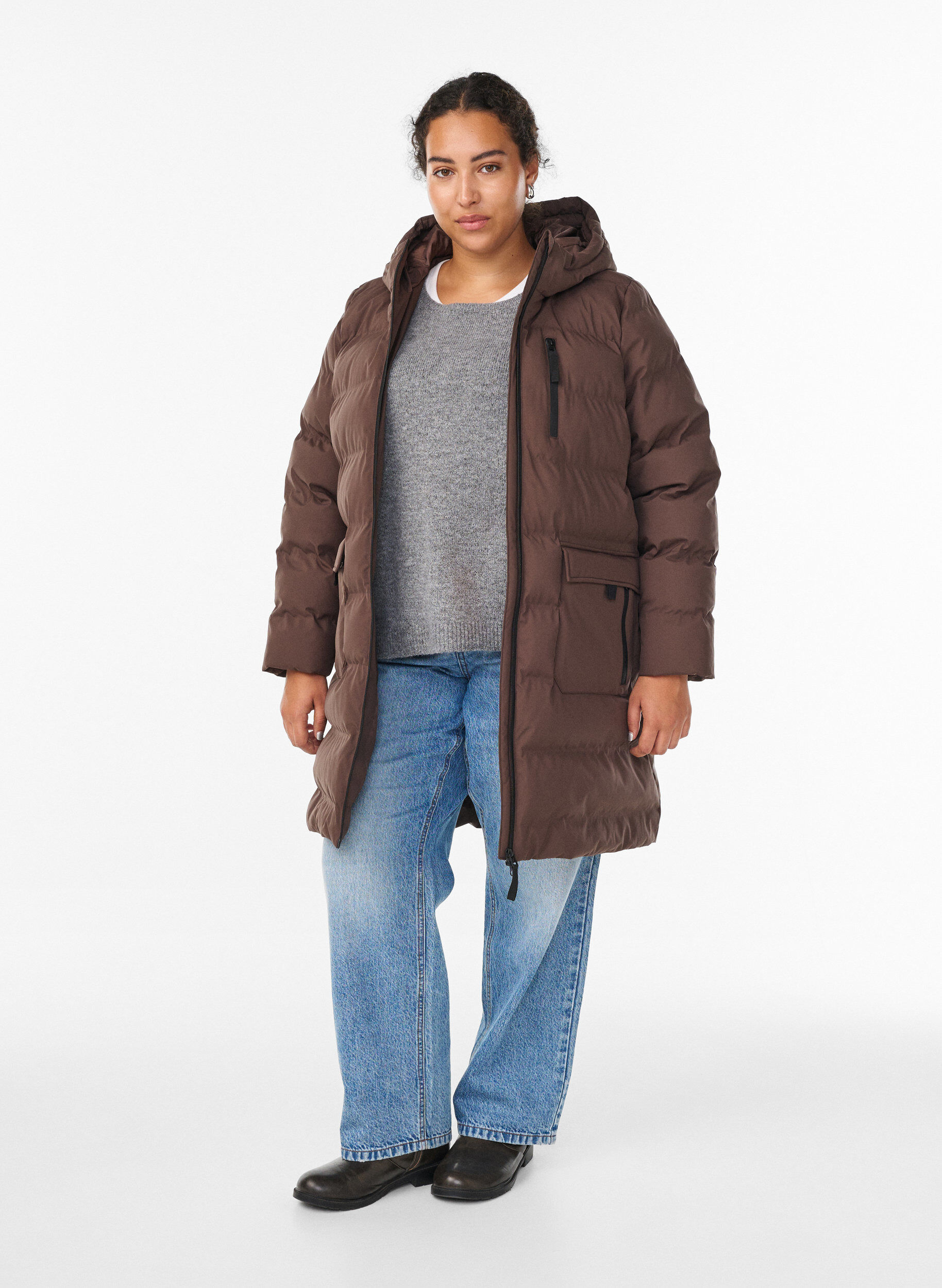 Zizzi Puchowy plaszcz z kapturem i kieszeniami, Brązowy, Model image number 1