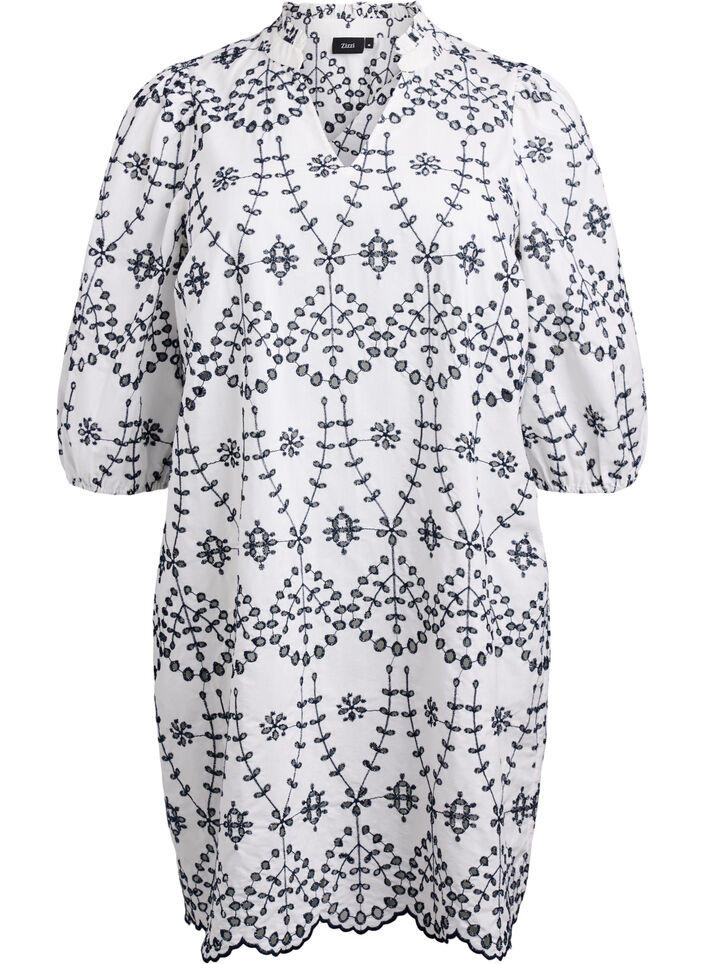 Sukienka z kontrastowym haftem angielskim, White w. Navy Blazer, Packshot image number 0