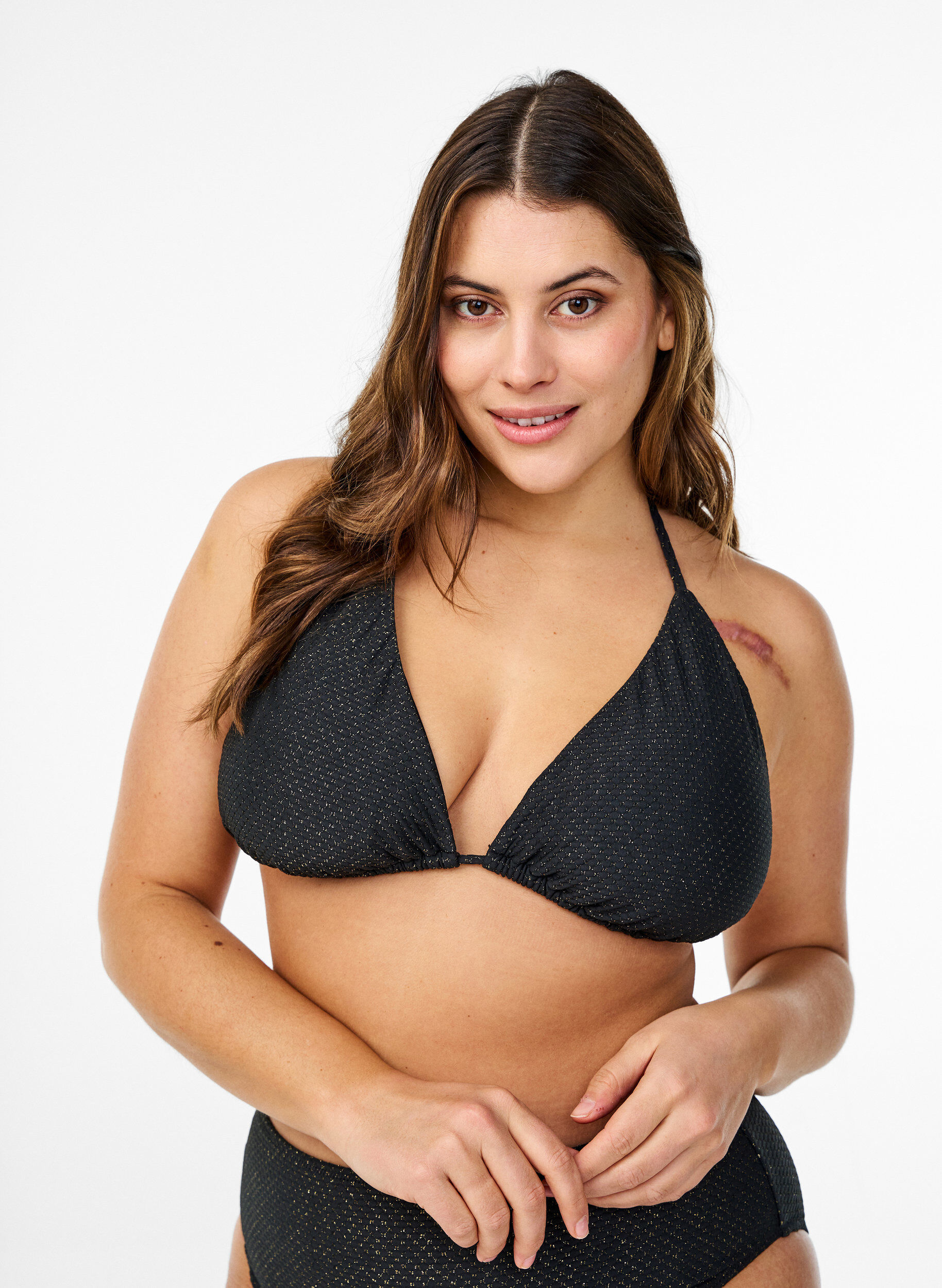 Tr&oacute;jkatny stanik bikini z brokatem, Czarne, Model