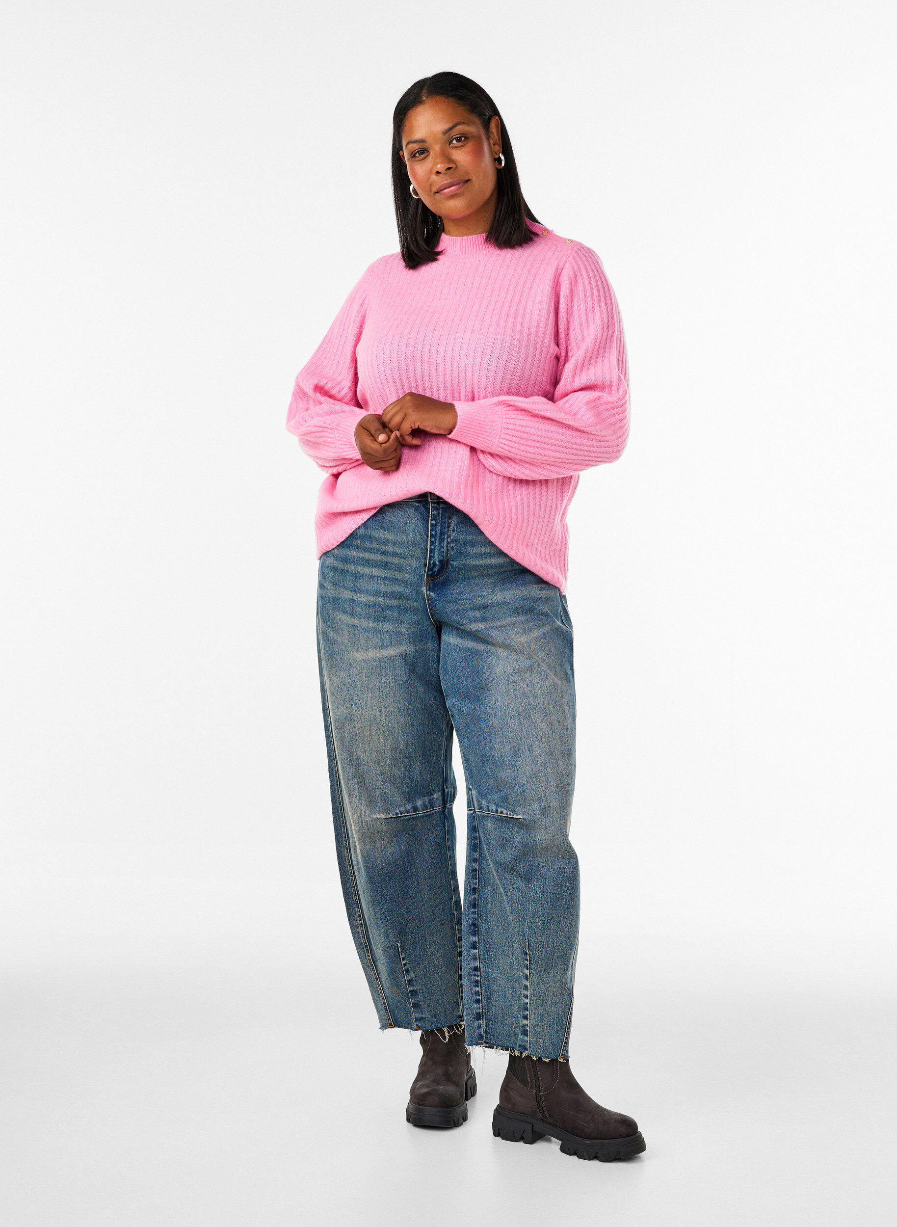 ZizziPrazkowany sweter z bufiastymi rekawami i guzikami, R&oacute;żowy, Model image number 1
