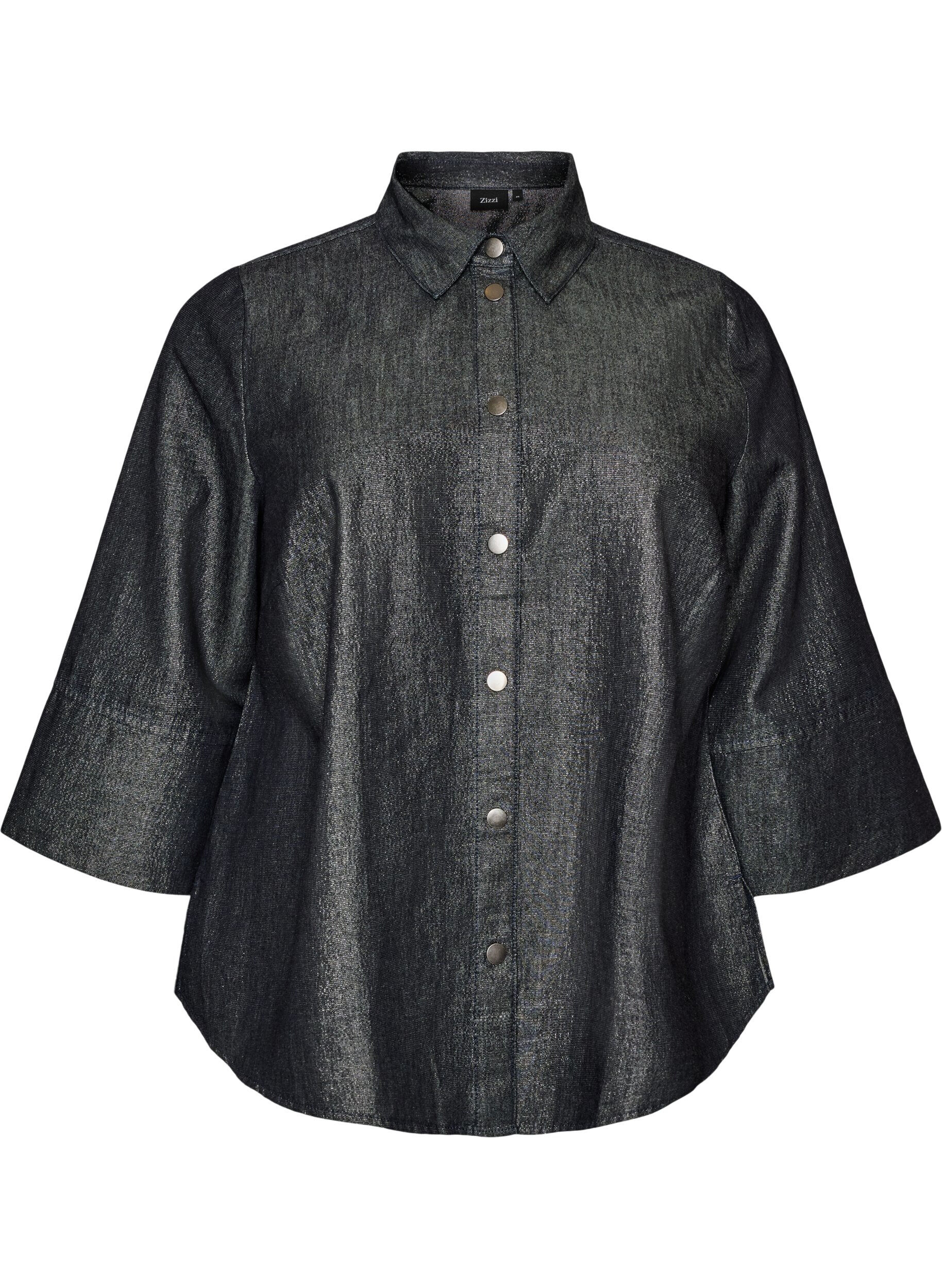 ZizziKoszula z denimu z nitka brokatowa i rekawami 3/4, Ciemnoszary, Packshot image number 0