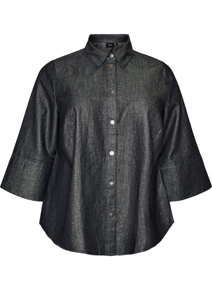 Koszula z denimu z nitka brokatowa i rekawami 3/4, Ciemnoszary, Packshot image number 0