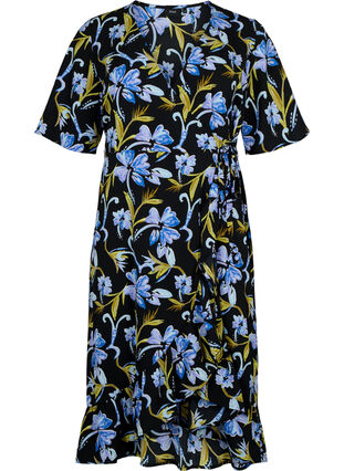 Kopertowa sukienka z nadrukiem i krótkim rekawem, Black Blue Flower, Packshot image number 0