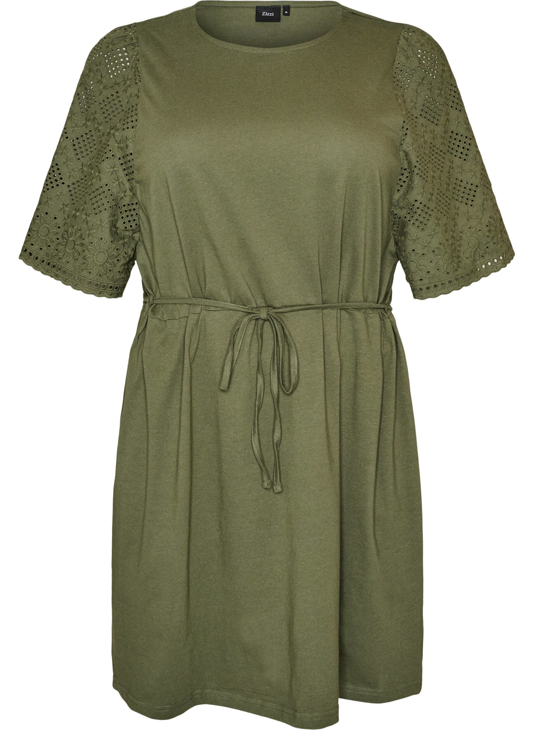ZizziBawelniana sukienka z rekawami broderie anglaise i wiazaniem w talii, Zielony, Packshot image number 0