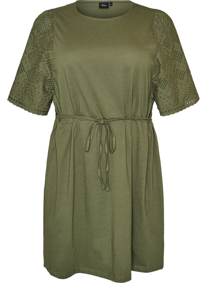 Bawelniana sukienka z rekawami broderie anglaise i wiazaniem w talii, Zielony, Packshot image number 0