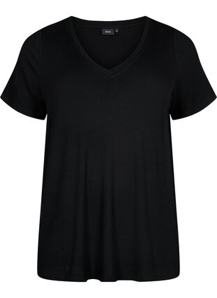 Prazkowany t-shirt z wiskozy z dekoltem w szpic, Black, Packshot image number 0