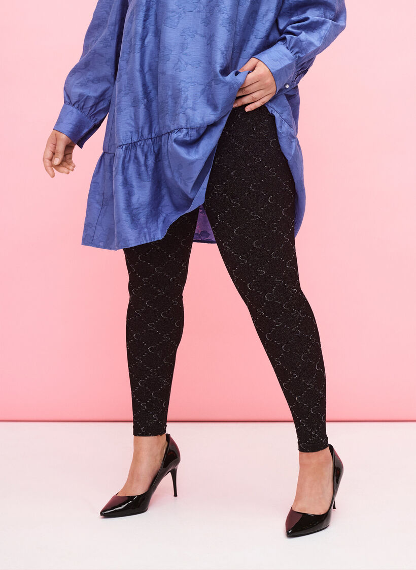 Legginsy bezszwowe ze wzorem w kolorze srebrnym, Black, Model image number 0