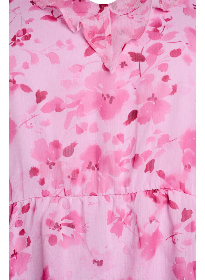 Bluzka z kwiatowym wzorem, z falbanka na kolnierzu i efektem peplum, R&oacute;żowy, Packshot image number 2