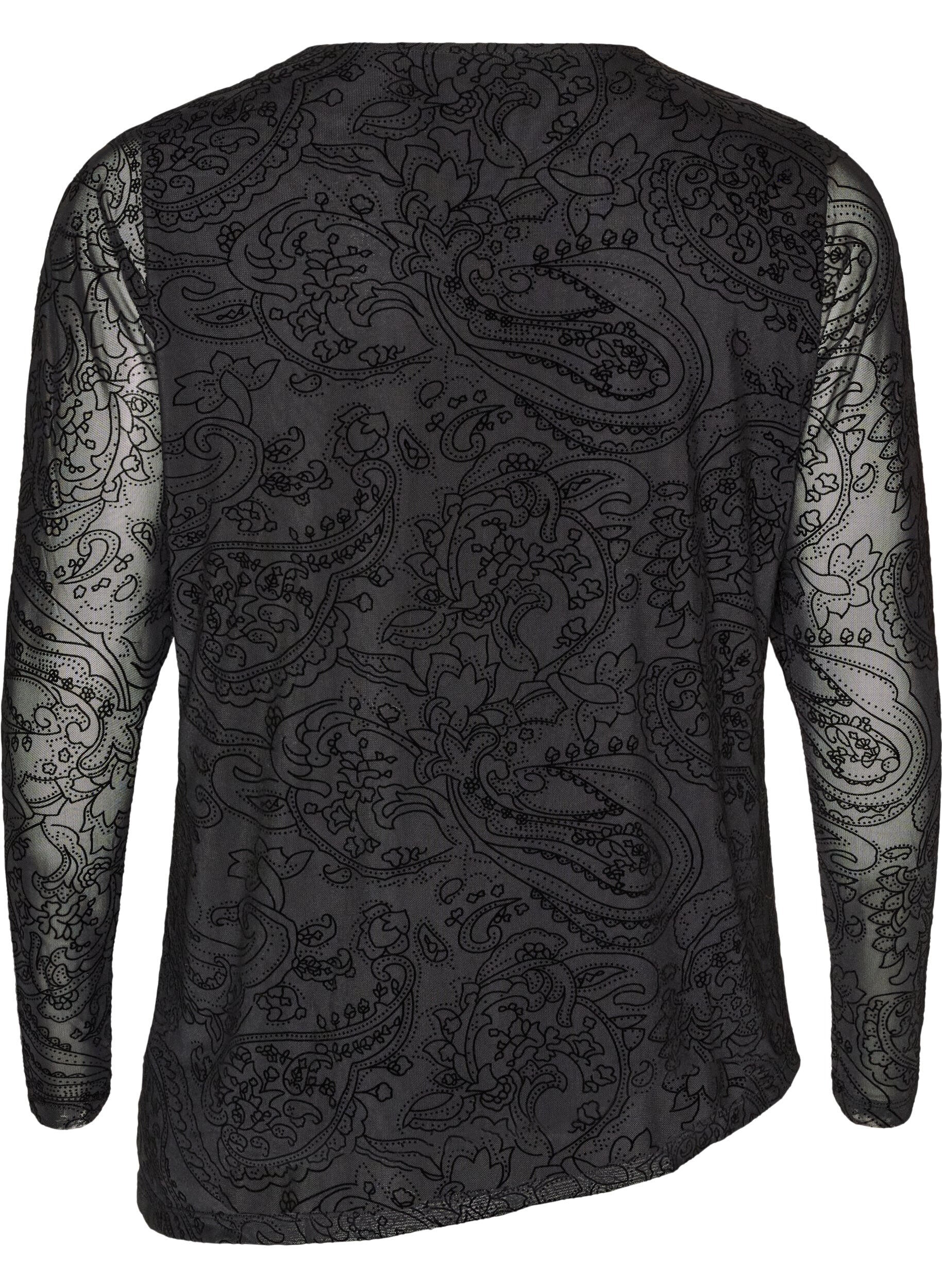 ZizziBluzka z siateczki we wz&oacute;r paisley z asymetrycznym dolem, Czarne, Packshot image number 1