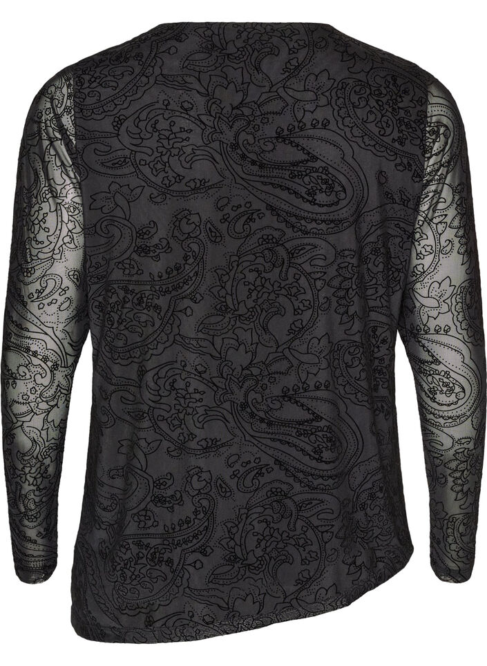 Bluzka z siateczki we wz&oacute;r paisley z asymetrycznym dolem, Czarne, Packshot image number 1