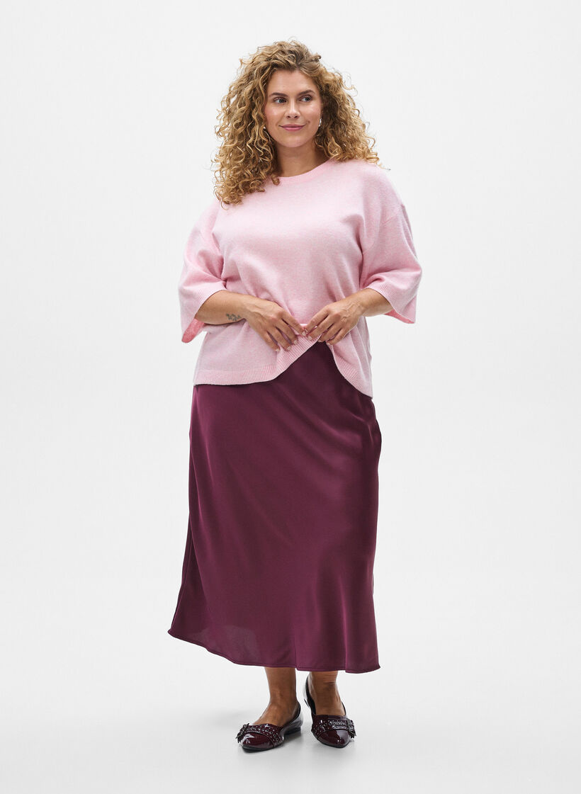 Luzna dzianinowa bluzka z kr&oacute;tkim rekawem, R&oacute;żowy, Model image number 1