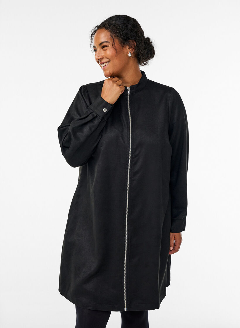 Dluga koszula z imitacji zamszu z zamkiem, Czarne, Model image number 0