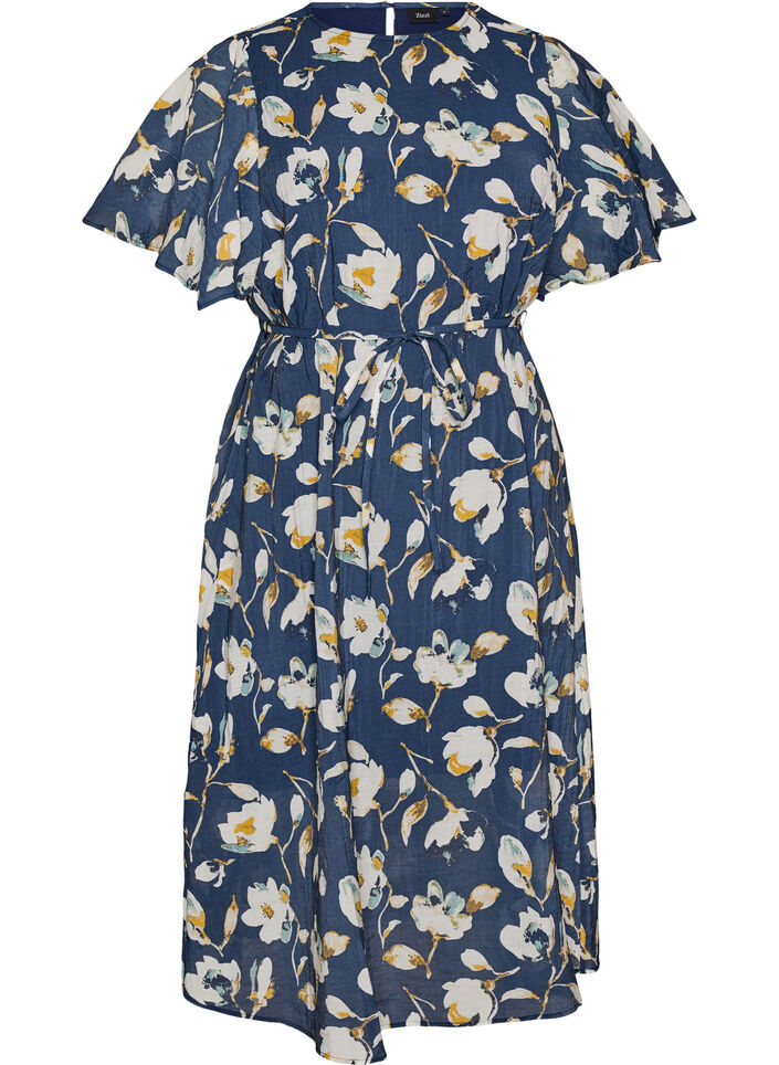 Sukienka do kostek z falujacymi rekawami i paskiem w talii, Niebieskie, Packshot image number 0