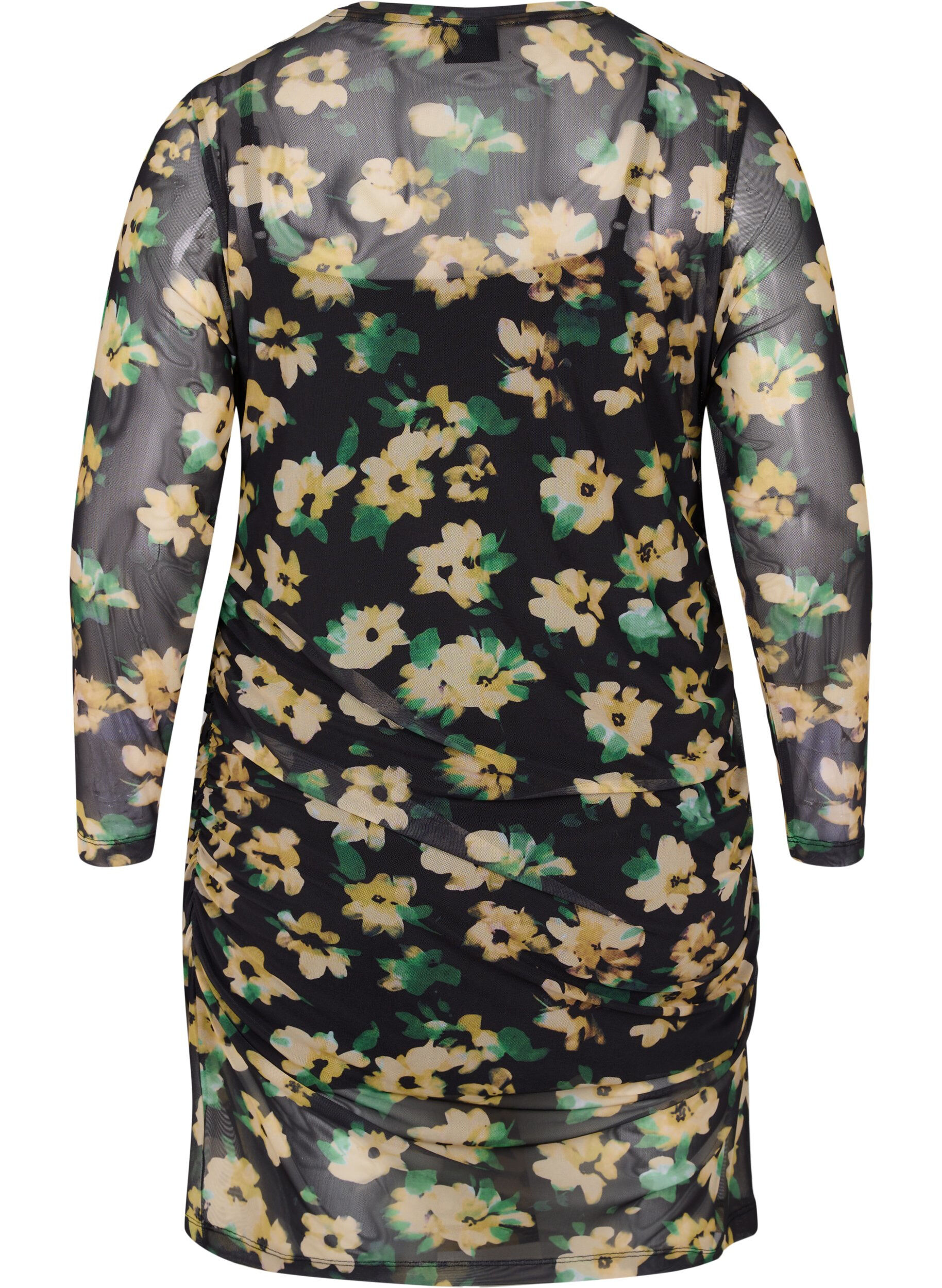 Zizzi Close-fitting mesh dress with 3/4 sleeves, Yellow Green AOP, Packshot image number 1