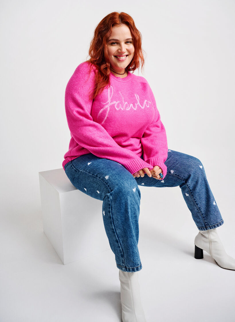 Dzianinowa bluzka z wyhaftowanym tekstem, Raspberry Rose, Image image number 0