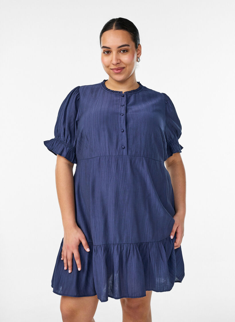 Kr&oacute;tka wiskozowa sukienka z falbankami, Niebieskie, Model image number 0