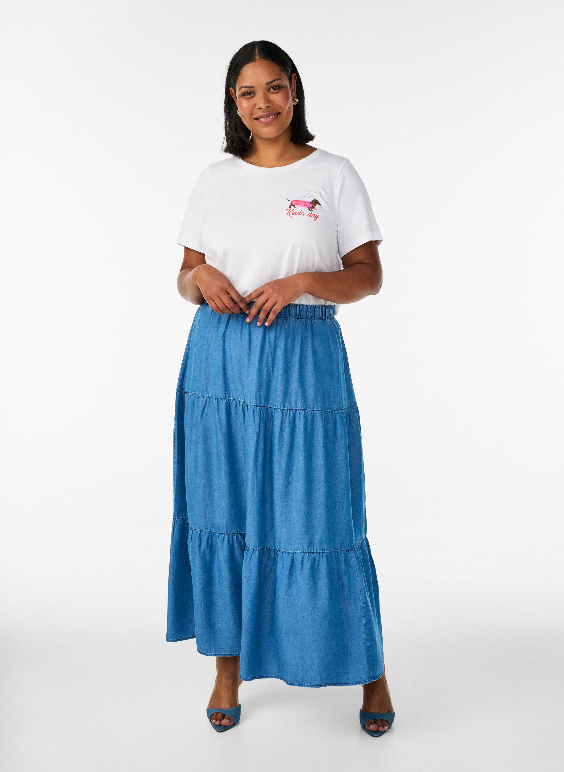 ZizziDzinsowa sp&oacute;dnica maxi z falbankami, Niebieskie, Model image number 0