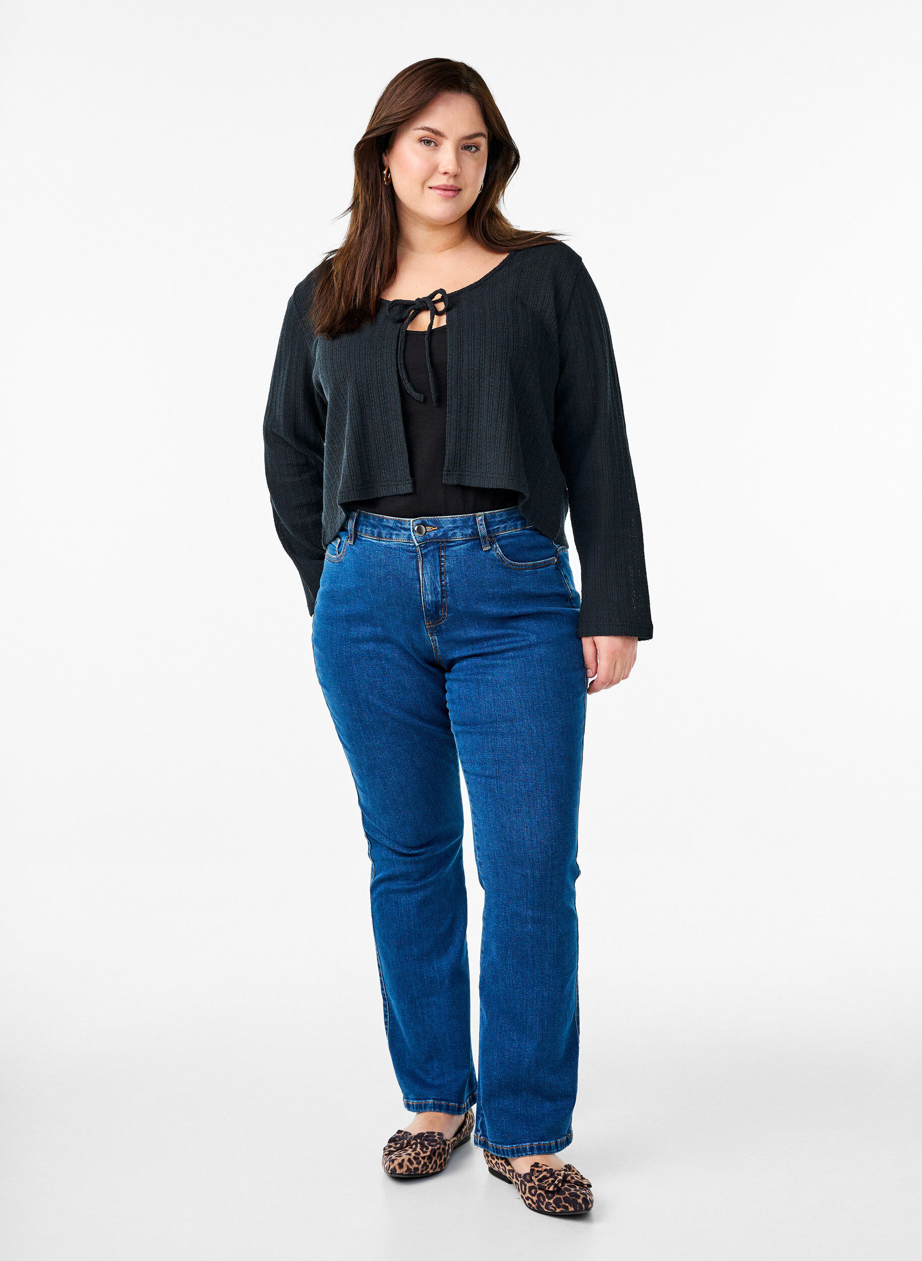 ZizziDzersejowy kardigan z faktura i wiazaniem z przodu, Czarne, Model image number 1