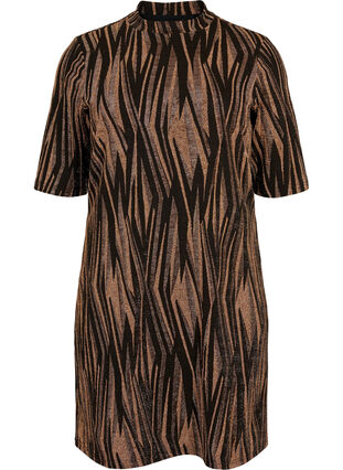 Wzorzysta sukienka z brokatem i krótkimi rekawami, Black w. Copper, Packshot image number 0