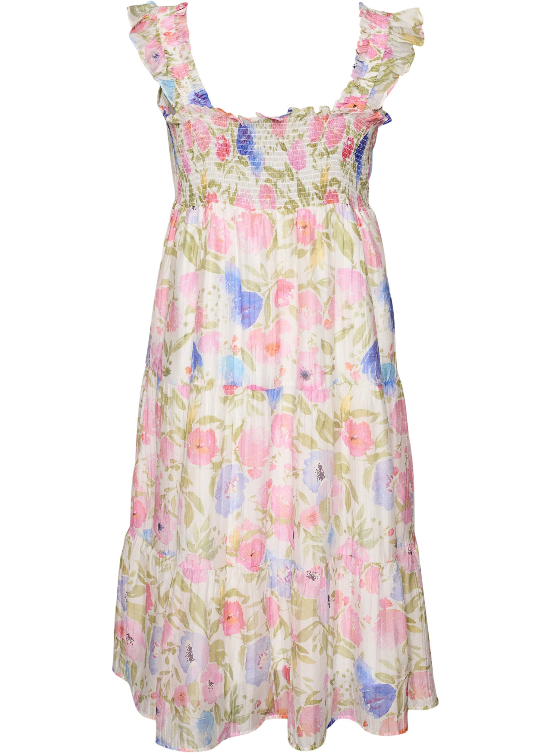 Zizzi Dluga, kwiatowa sukienka z lyocellu z falbankami, Biały, Packshot image number 1