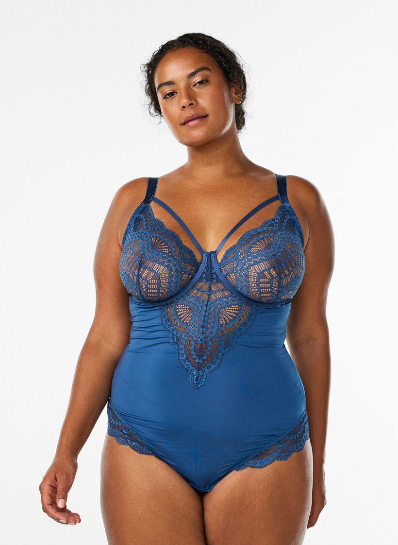 Koronkowe body z fiszbinami i ozdobnymi paseczkami, Niebieskie, Model image number 0