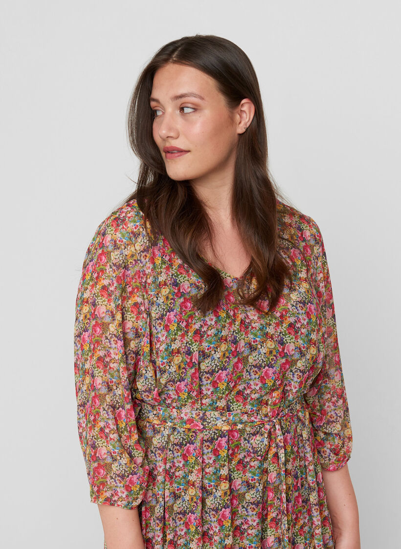 Floral midi dress with a tie belt in the waist, Pink Flower AOP, Model image number 2