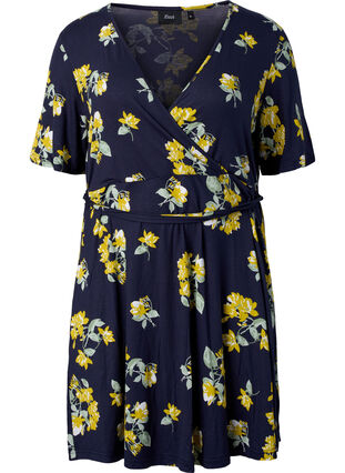 Kopertowa sukienka z wiskozy z krótkimi rekawami, Night Sky AOP Flower, Packshot image number 0