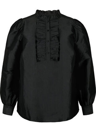 Blyszczaca bluzka koszulowa z falbanami, Black, Packshot image number 0