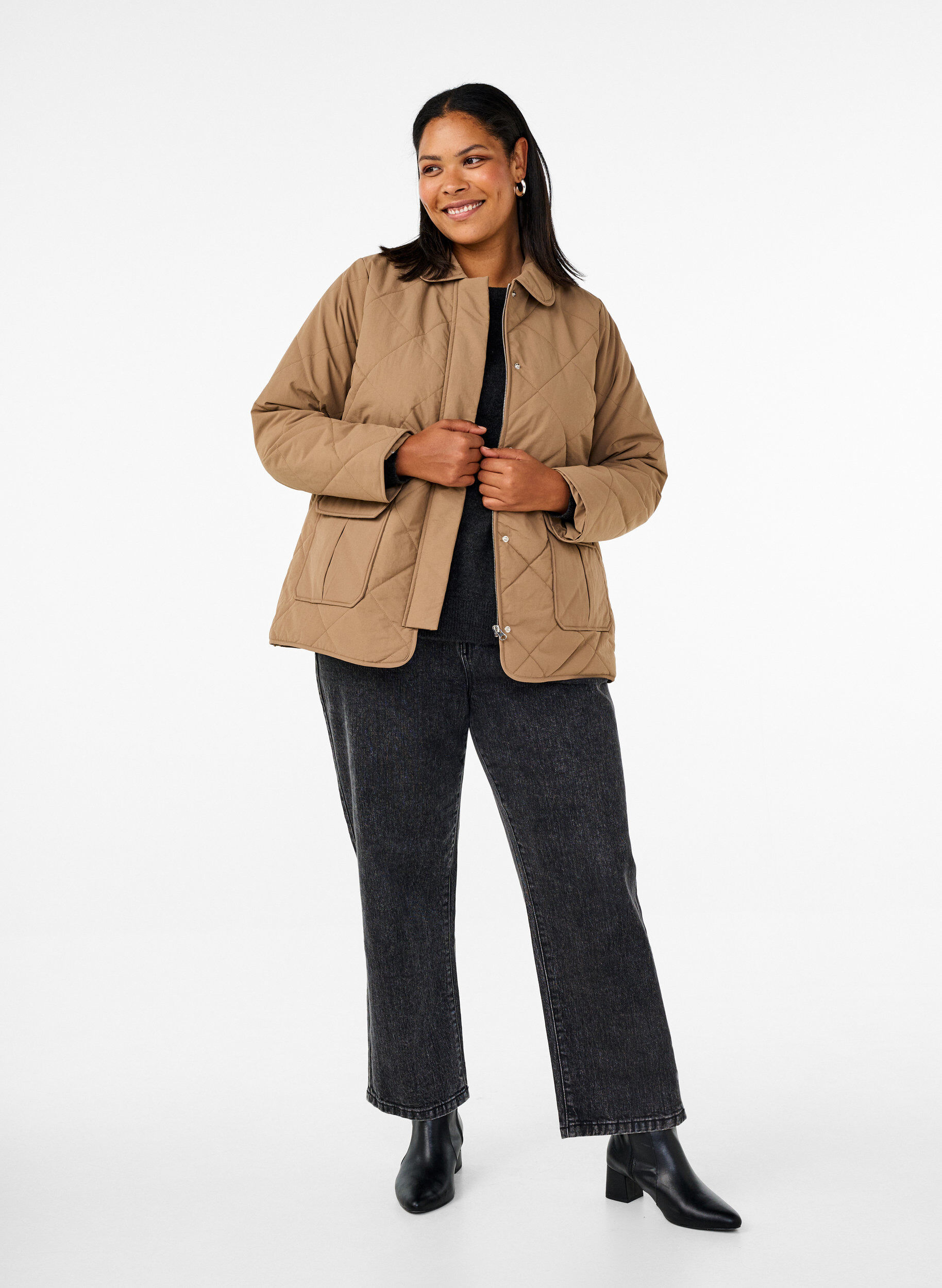 Zizzi Pikowana kurtka z kolnierzem i kieszeniami, Brązowy, Model image number 1