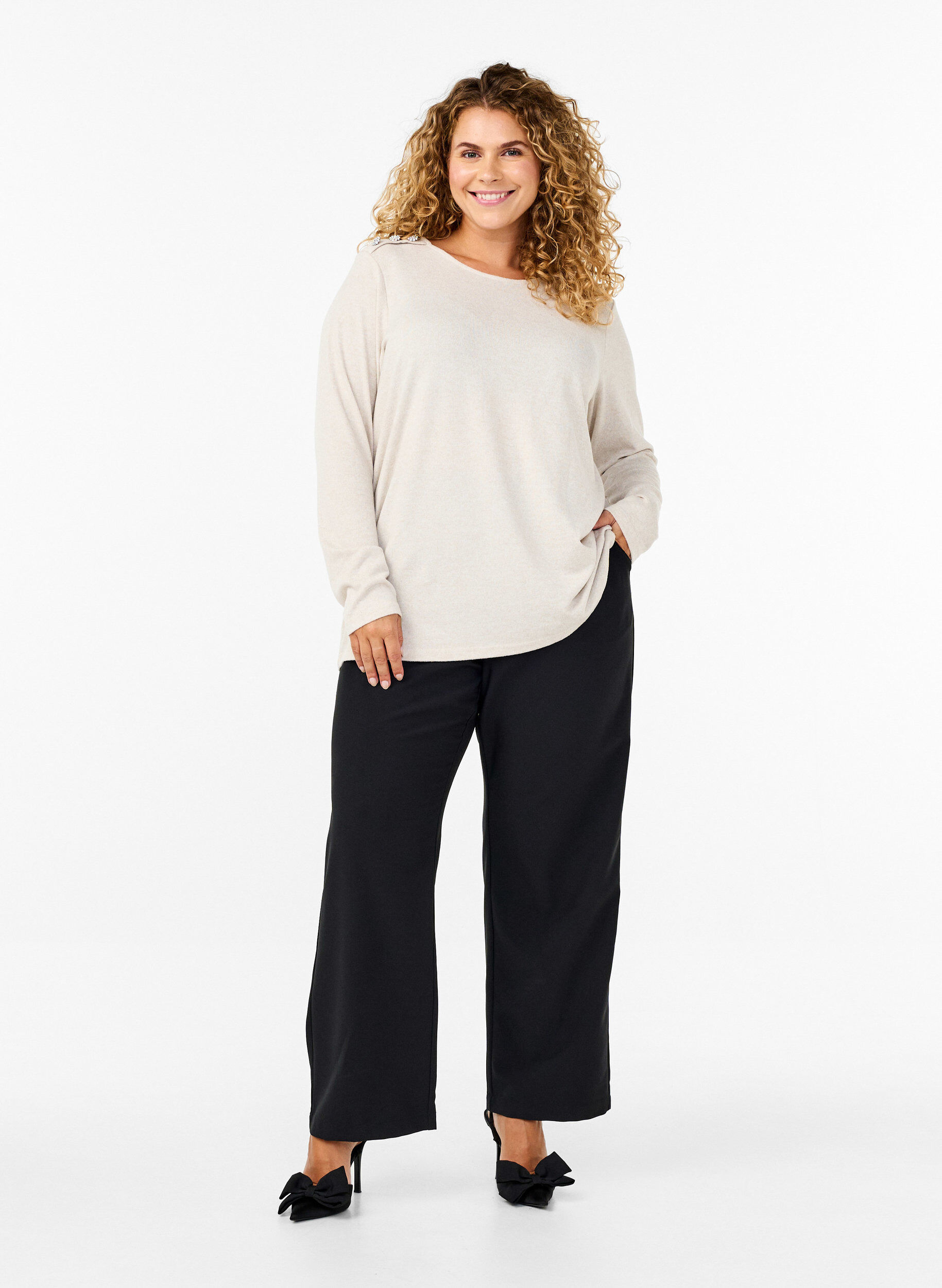 Zizzi Bluzka z ozdobnymi guzikami, Beżowy, Model image number 1