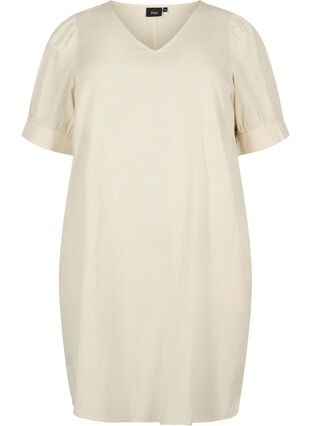 Sukienka z dekoltem w szpic z mieszanki bawelny z lnem, Sandshell, Packshot image number 0