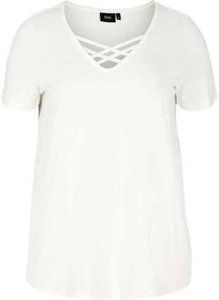 T-shirt z krótkim rekawem i dekoltem w szpic, Warm Off-white, Packshot image number 0