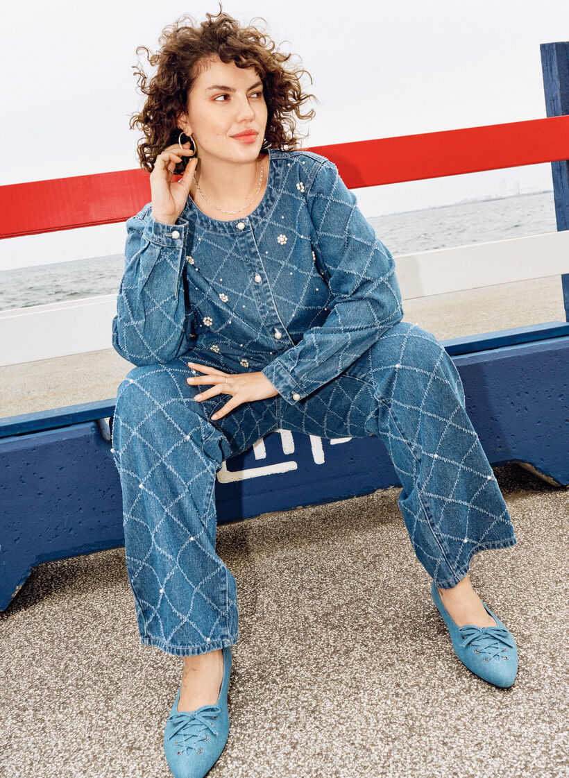 Jeansy Kiana z wysoka talia i efektem przetarc, Niebieskie, Image image number 0