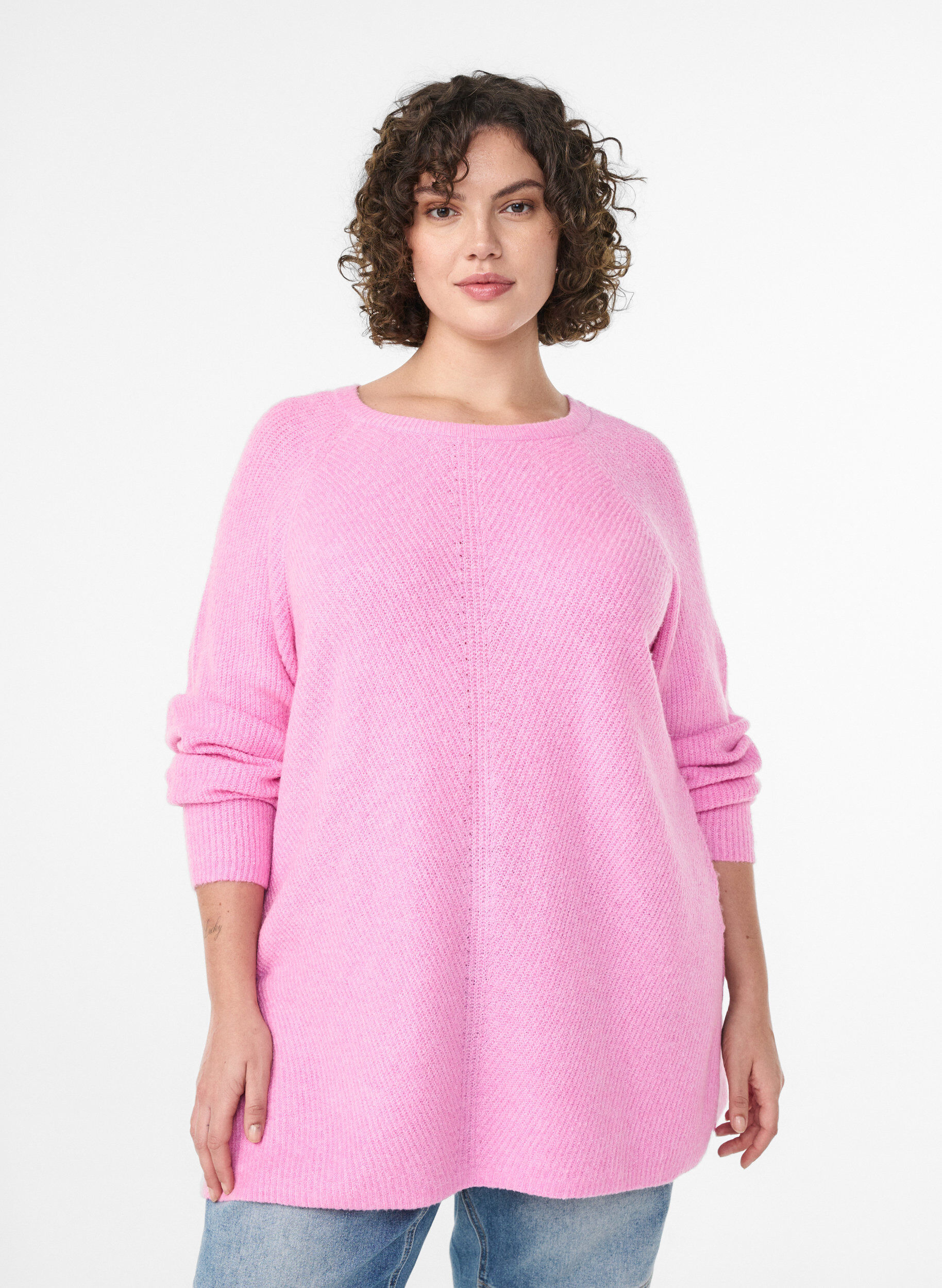 Sweter z dzianiny z ukosnym wzorem i rekawami raglanowymi, R&oacute;żowy, Model