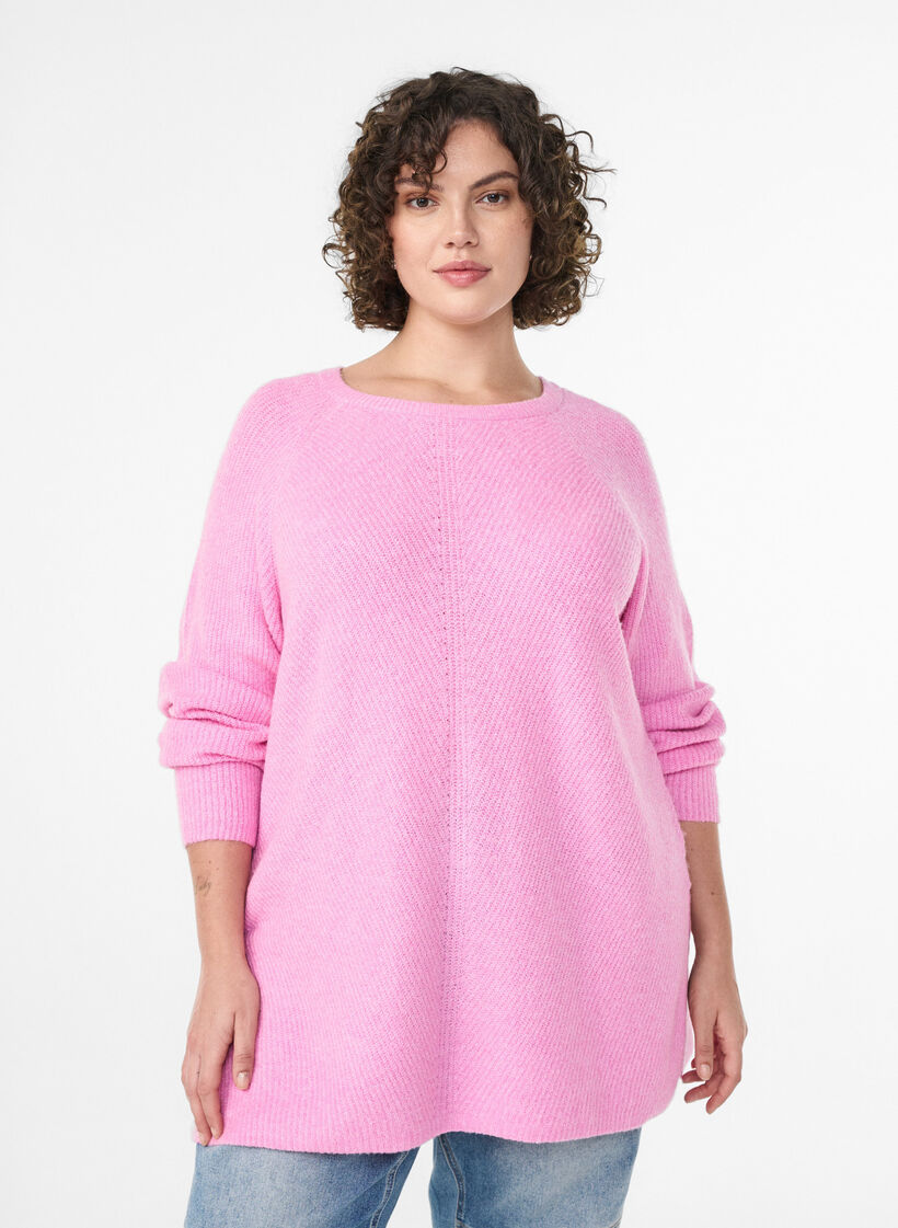 Sweter z dzianiny z ukosnym wzorem i rekawami raglanowymi, R&oacute;żowy, Model image number 0