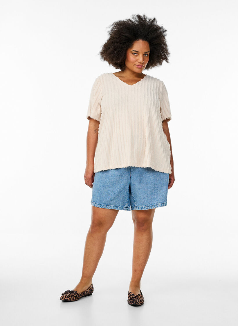 Bluzka z krótkim rekawem i tekstura w paski, Beżowy, Model image number 1