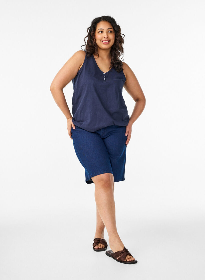 Top na ramiaczkach z bawelny organicznej ze spiczastym dekoltem i guzikami, Niebieskie, Model image number 1