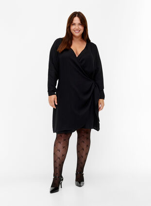 Kopertowa sukienka z wiskozy z dlugimi rekawami, Black, Model image number 2