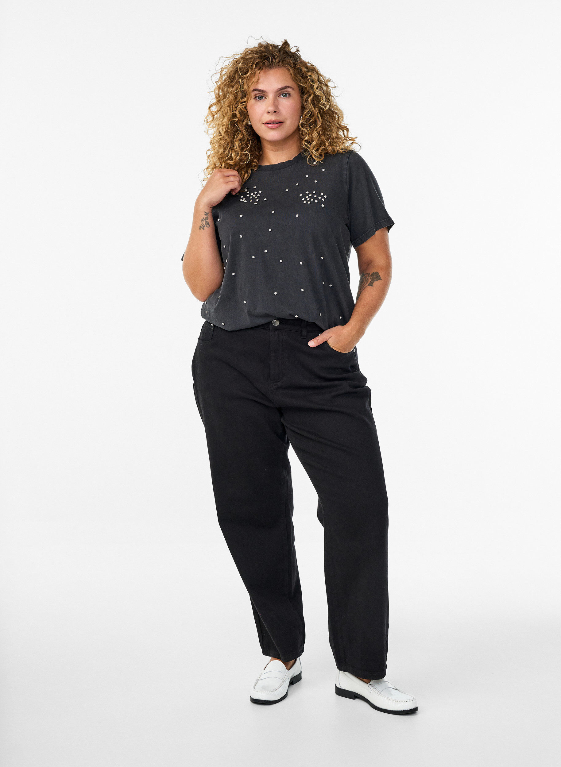 Zizzi Koszulka z cekinami i spranym wygladem, Szary, Model image number 1