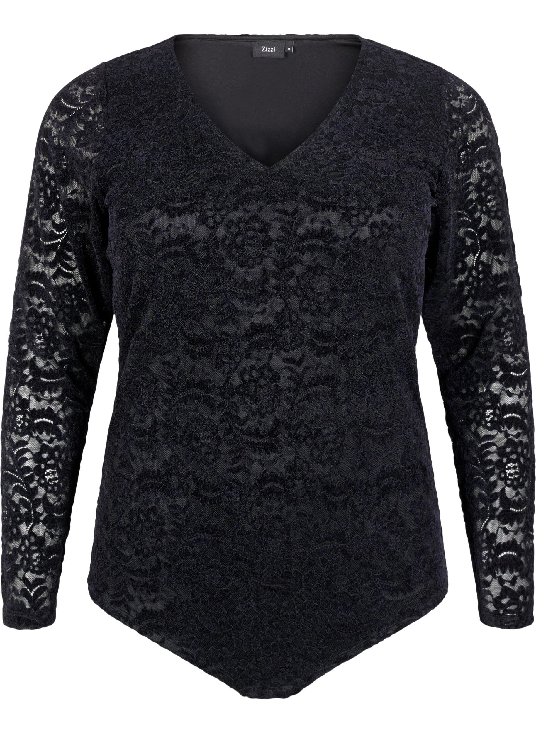 Zizzi Koronkowe bodystocking z dlugimi rekawami, Black, Packshot image number 0