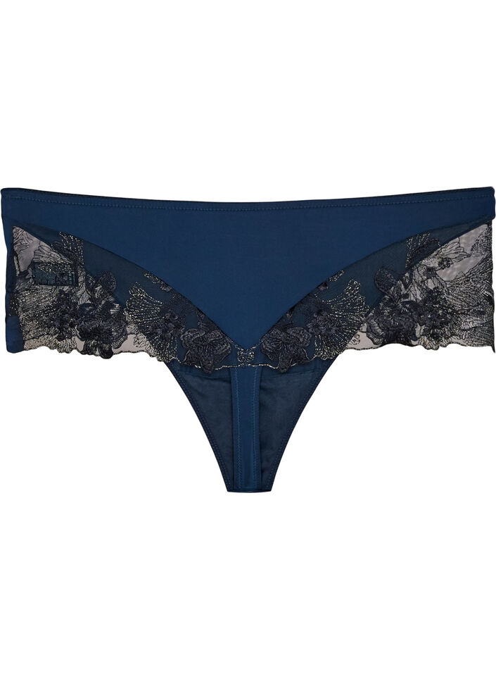 Stringi typu hipster z kwiatowym haftem i regularnym stanem, Niebieskie, Packshot image number 2