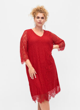 Koronkowa sukienka z rekawem 3/4, Tango Red, Model image number 0