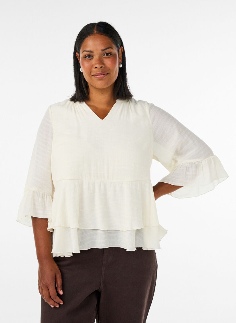 Bluzka z 3/4-sleeves i falbankami, Biały, Model image number 0