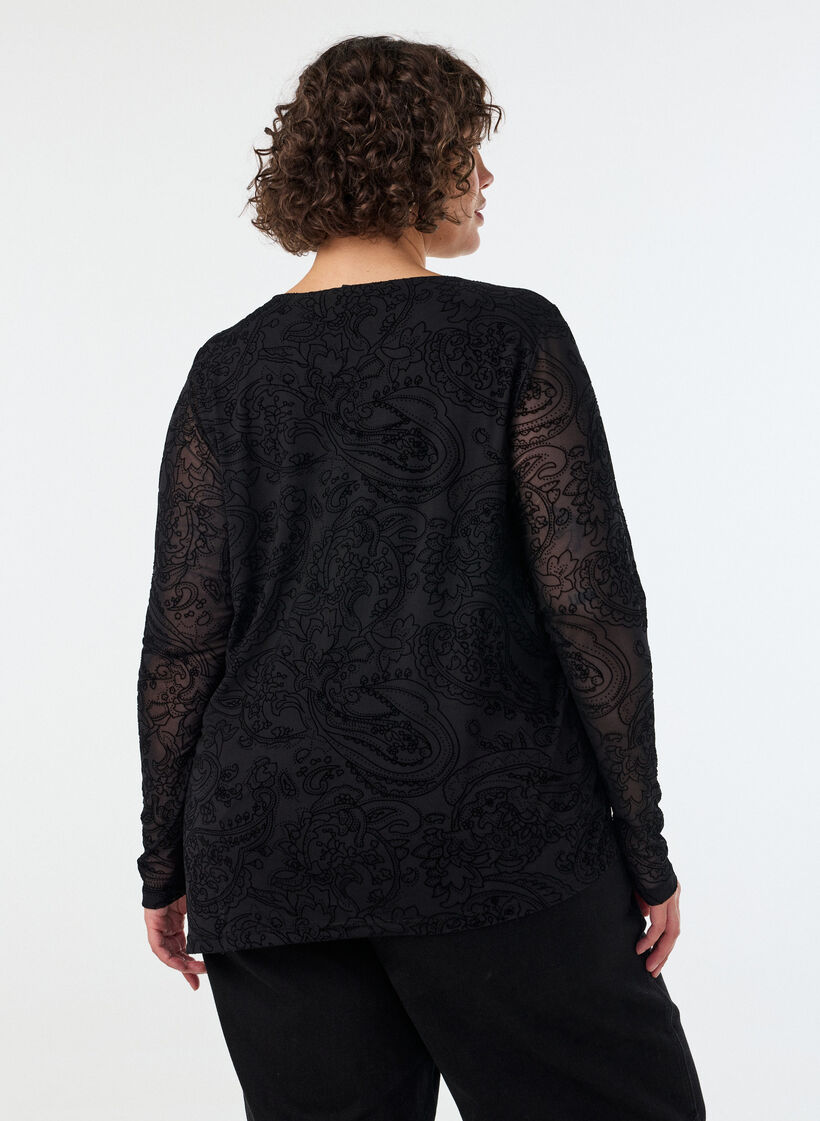 Bluzka z siateczki we wz&oacute;r paisley z asymetrycznym dolem, Czarne, Model image number 2