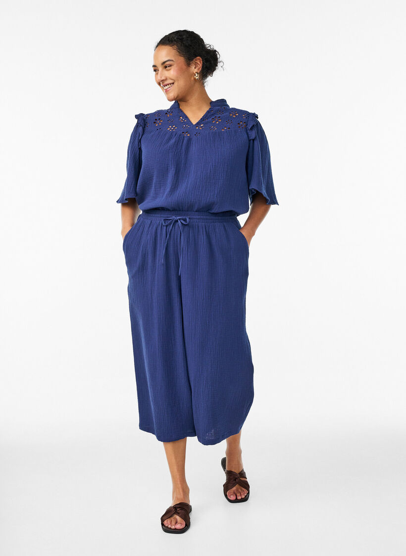 Spodnie culotte ze spienionej bawelny z wysoka talia, Niebieskie, Model image number 0