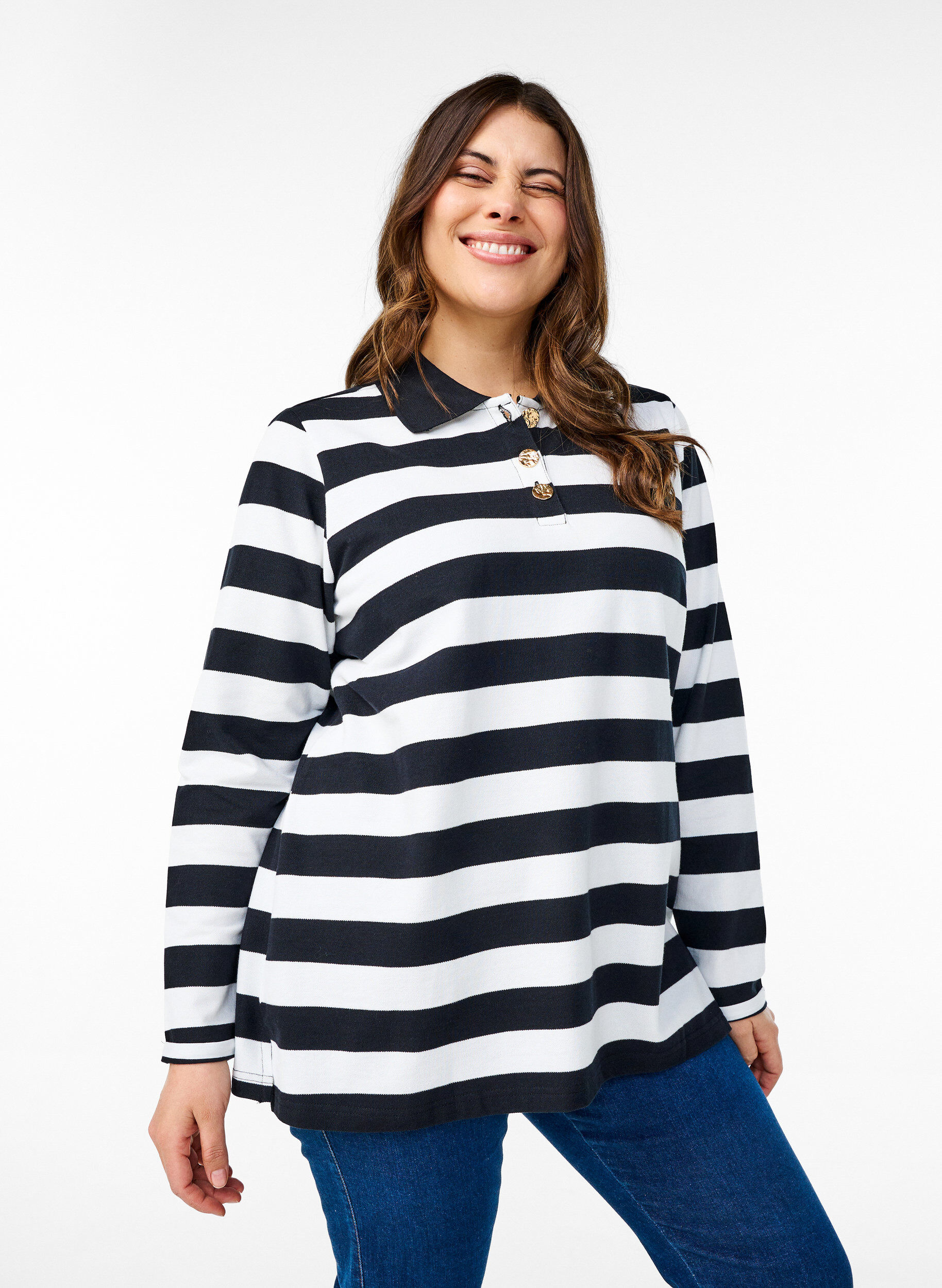 Zizzi Koszulka polo w paski z dlugim rekawem, Czarne, Model image number 0